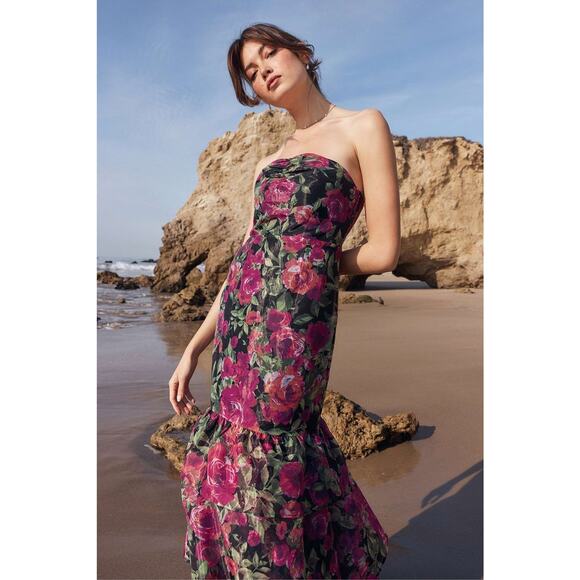 Lulus Dresses & Skirts - LULUS Truly Extraordinary Black Floral Organza Strapless Tiered Maxi Dress-Sz M